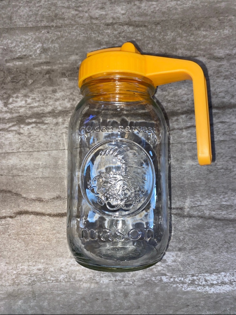 Vintage Yellow-Handled Clear Glass Mason Jar Pitcher